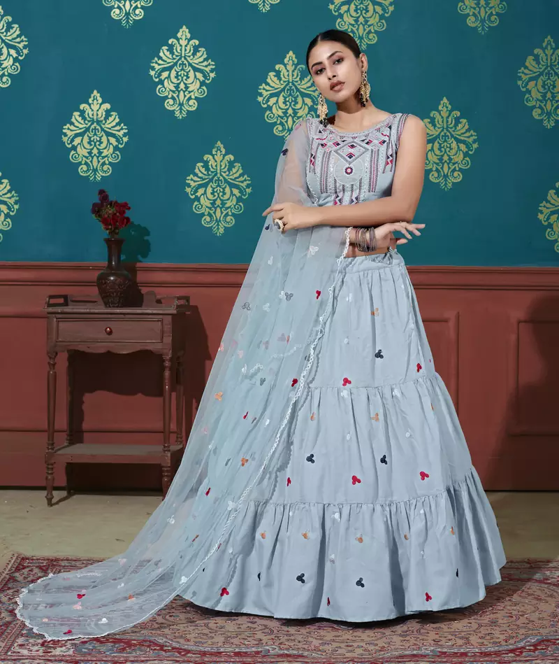 Sky blue Thread With Sequins Embroidered cotton semi stitched lehenga