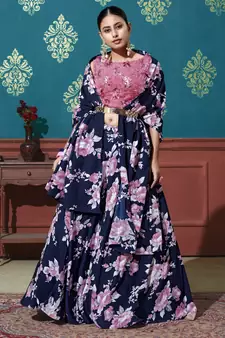 Navy-blue printed silk semi stitched lehenga