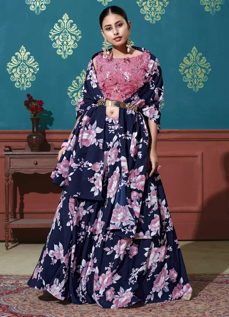 Navy-blue printed silk semi stitched lehenga