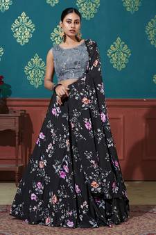 Black printed silk semi stitched lehenga