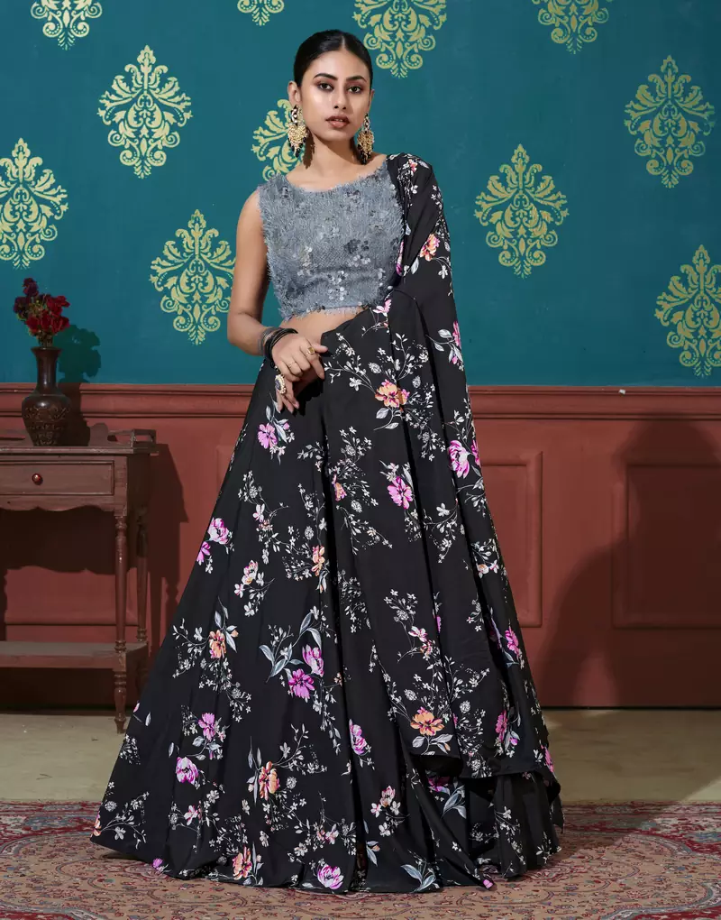 Black printed silk semi stitched lehenga