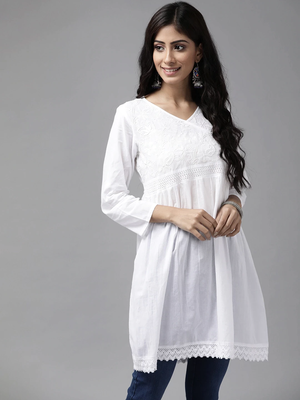 Ada Hand Embroidered White Cotton Lucknow Chikankari Women Kurti - A391704 1