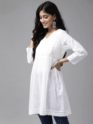Ada Hand Embroidered White Cotton Lucknow Chikankari Women Kurti - A391704 3