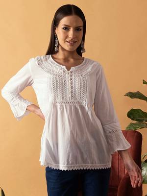 Hand Embroidered White Cotton Lucknowi Chikankari Indian Women Short Top 1