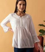 Hand Embroidered White Cotton Lucknowi Chikankari Indian Women Short Top