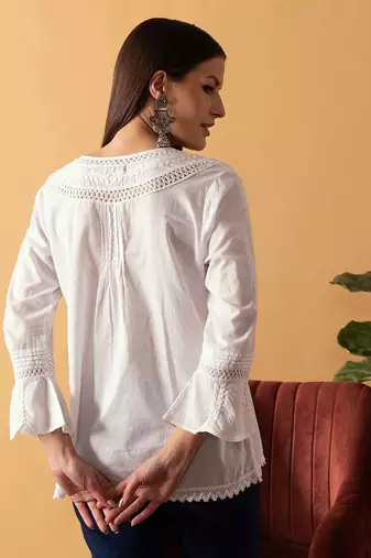 Hand Embroidered White Cotton Lucknowi Chikankari Indian Women Short Top