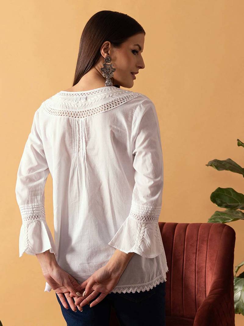 Hand Embroidered White Cotton Lucknowi Chikankari Indian Women Short Top