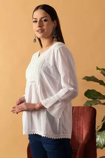 Hand Embroidered White Cotton Lucknowi Chikankari Indian Women Short Top