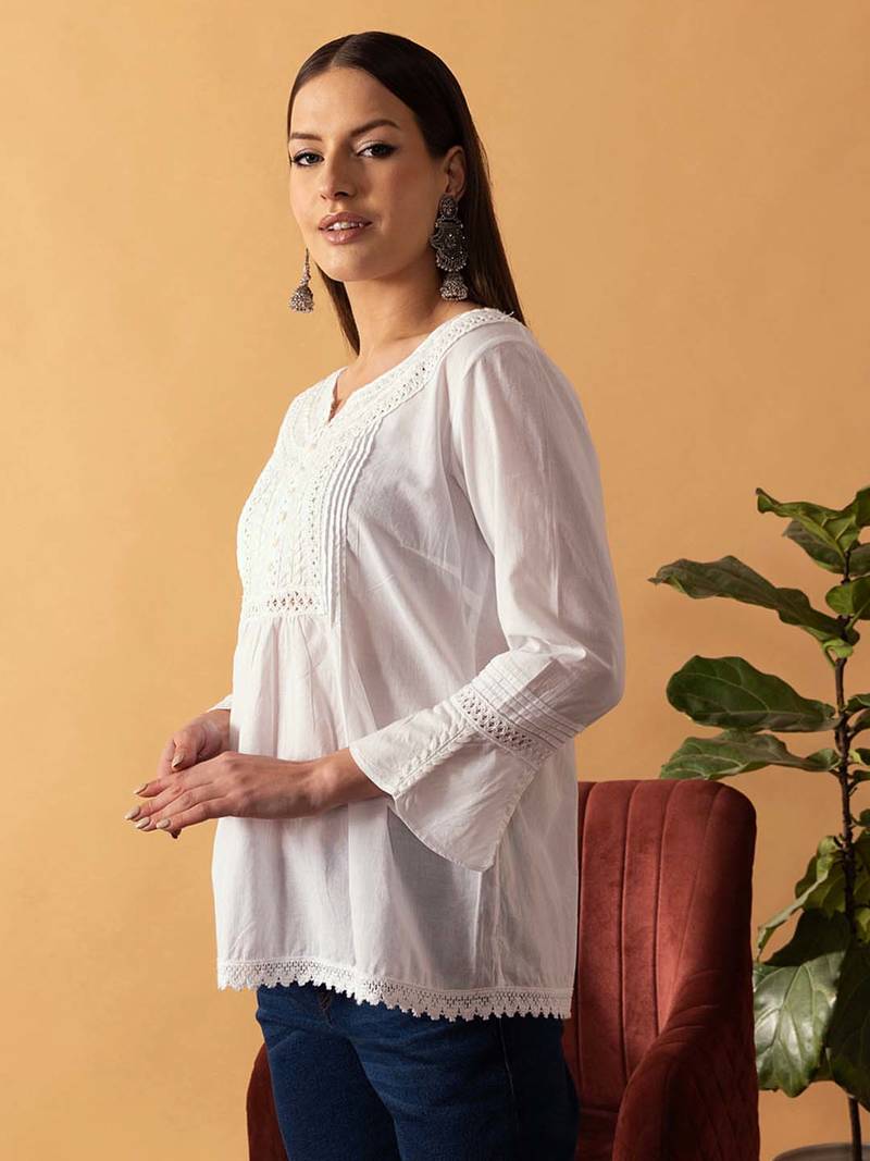 Hand Embroidered White Cotton Lucknowi Chikankari Indian Women Short Top