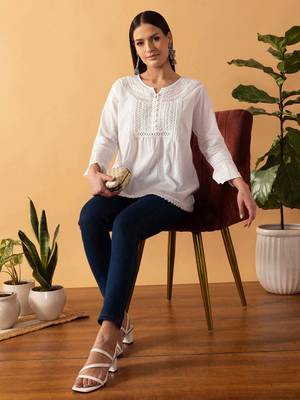 Hand Embroidered White Cotton Lucknowi Chikankari Indian Women Short Top 5