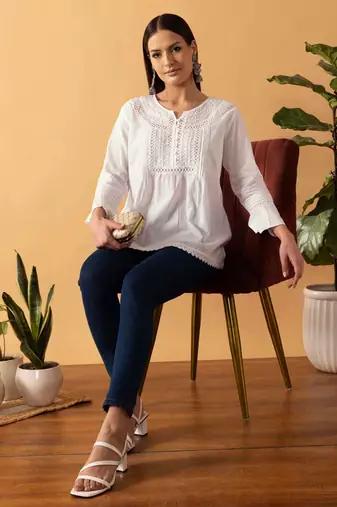 Hand Embroidered White Cotton Lucknowi Chikankari Indian Women Short Top