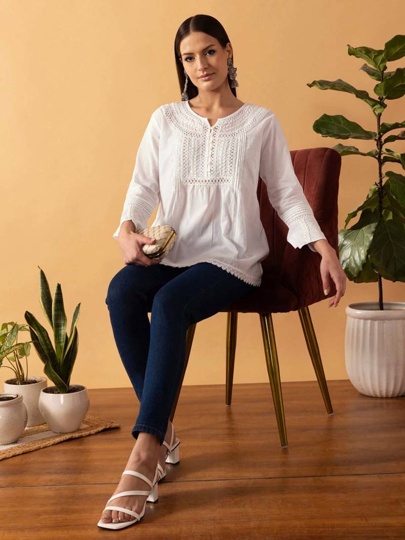 Hand Embroidered White Cotton Lucknowi Chikankari Indian Women Short Top