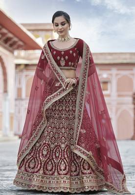 Maroon thread embroidery velvet semi stitched lehenga 1