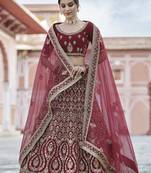 Maroon thread embroidery velvet semi stitched lehenga
