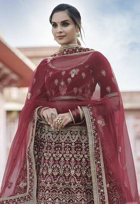 Maroon thread embroidery velvet semi stitched lehenga 2