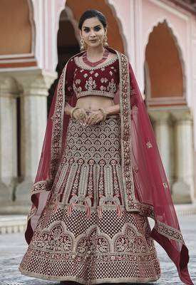 Maroon thread embroidery velvet semi stitched lehenga 1