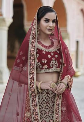 Maroon thread embroidery velvet semi stitched lehenga 2