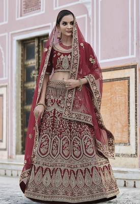 Maroon thread embroidery velvet semi stitched lehenga 1