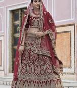 Maroon thread embroidery velvet semi stitched lehenga