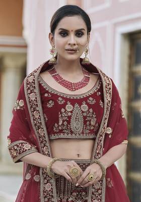 Maroon thread embroidery velvet semi stitched lehenga 2