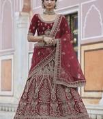 Maroon thread embroidery velvet semi stitched lehenga
