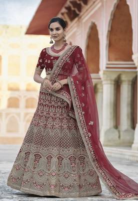 Maroon thread embroidery velvet semi stitched lehenga 1