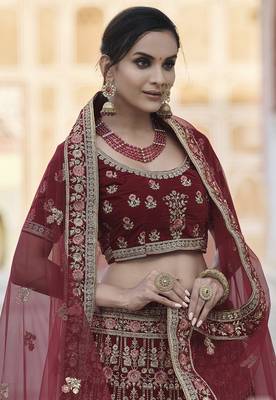 Maroon thread embroidery velvet semi stitched lehenga 2