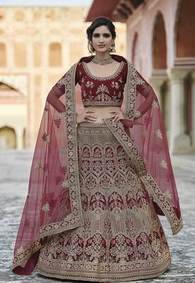 Maroon thread embroidery velvet semi stitched lehenga 1