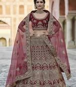 Maroon thread embroidery velvet semi stitched lehenga