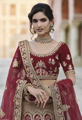 Maroon thread embroidery velvet semi stitched lehenga 2