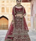 Maroon thread embroidery velvet semi stitched lehenga