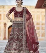 Maroon thread embroidery velvet semi stitched lehenga