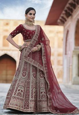 Maroon thread embroidery velvet semi stitched lehenga 1