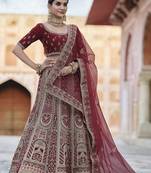 Maroon thread embroidery velvet semi stitched lehenga
