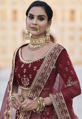 Maroon thread embroidery velvet semi stitched lehenga 2
