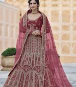 Maroon thread embroidery velvet semi stitched lehenga