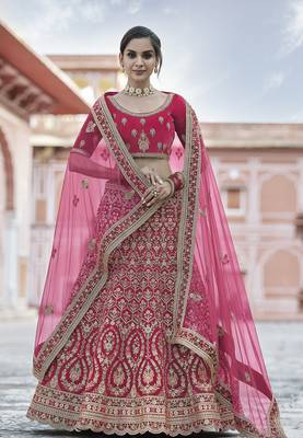 Pink thread embroidery velvet semi stitched lehenga 1