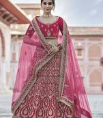 Pink thread embroidery velvet semi stitched lehenga
