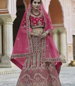 Pink thread embroidery velvet semi stitched lehenga