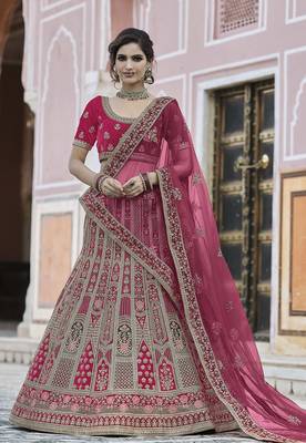 Pink thread embroidery velvet semi stitched lehenga 1