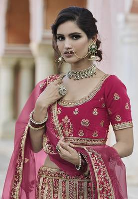Pink thread embroidery velvet semi stitched lehenga 2