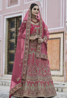 Pink thread embroidery velvet semi stitched lehenga 1