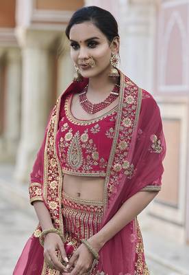 Pink thread embroidery velvet semi stitched lehenga 2
