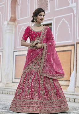 Pink thread embroidery velvet semi stitched lehenga 1