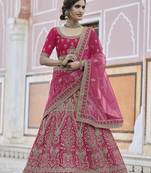 Pink thread embroidery velvet semi stitched lehenga