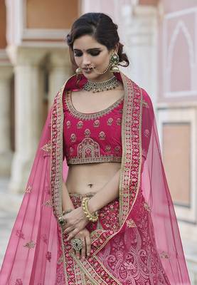 Pink thread embroidery velvet semi stitched lehenga 2