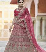 Pink thread embroidery velvet semi stitched lehenga