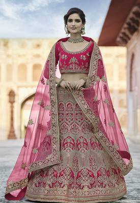 Pink thread embroidery velvet semi stitched lehenga 1