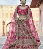 Pink thread embroidery velvet semi stitched lehenga