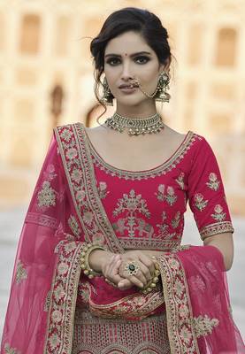 Pink thread embroidery velvet semi stitched lehenga 2